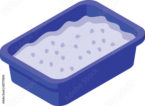 Isometric illustration of a blue litter box with white granular sand, ideal for pet care themes