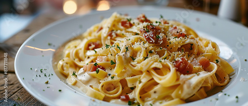 Italian Linguini Carbonara Pasta with white cream on top Italian restaurant blurry background, food advertising