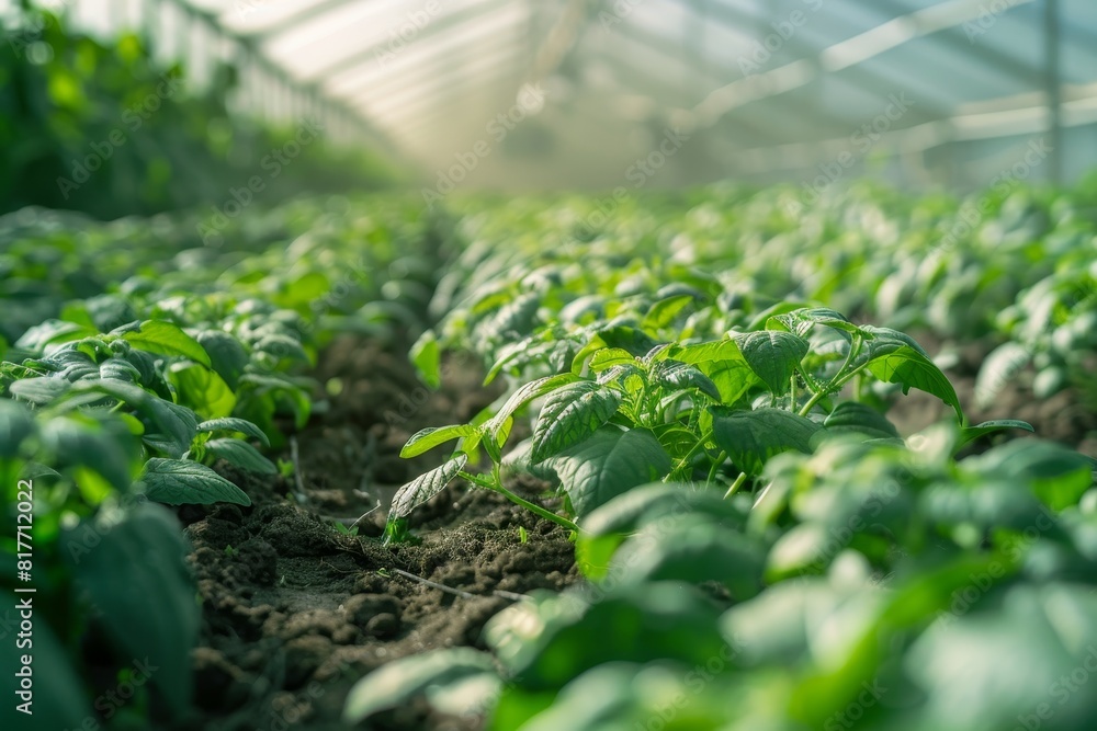 Cultivating new potatoes in small greenhouses with agrofibre Agriculture using spunbond for protection and humidity control Selective focus on plan Cultivating new potatoes in small greenhouses with agrofibre Agriculture using spunbond for protection and humidity control Selective focus on plan