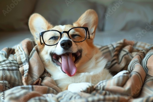 Cute corgi in glasses lounging in bed watching TV and feeling relaxed on a day off photo
