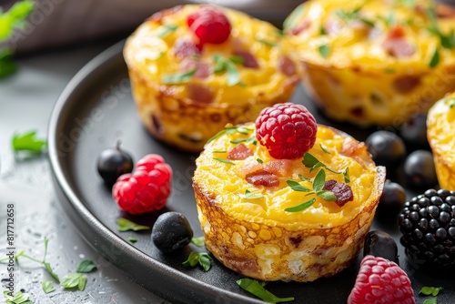 Egg muffins or egg bites with bacon potato cheddar and berries