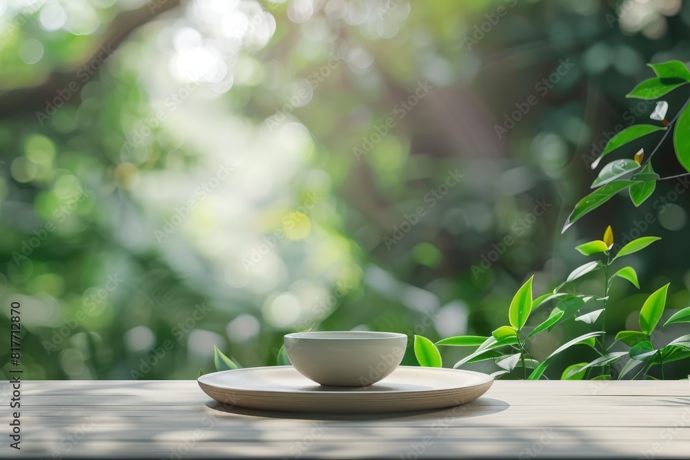 Empty podium mockup for tea product with blurred nature background Empty podium mockup for tea product with blurred nature background