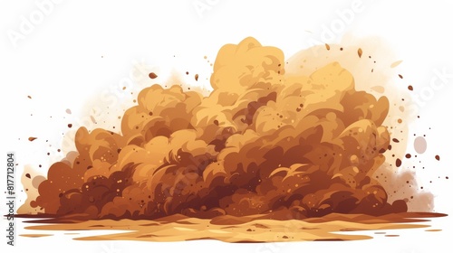 An explosion of dust and cloud smoke over a transparent background. Brown sandstorm splashed with wind texture. Dirty ground abstract spread with flying particles.