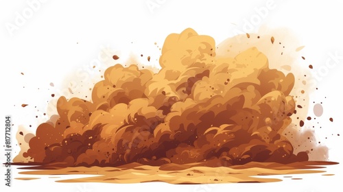 An explosion of dust and cloud smoke over a transparent background. Brown sandstorm splashed with wind texture. Dirty ground abstract spread with flying particles. photo