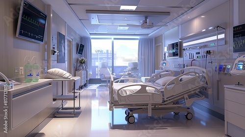 a modern  high-tech hospital room  showcasing how technology has transformed patient care and monitoring.