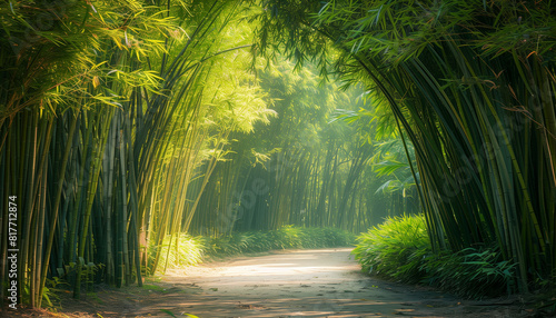 Peaceful paths through green bamboo groves, with subtle light and shadow patterns creating a calming effect