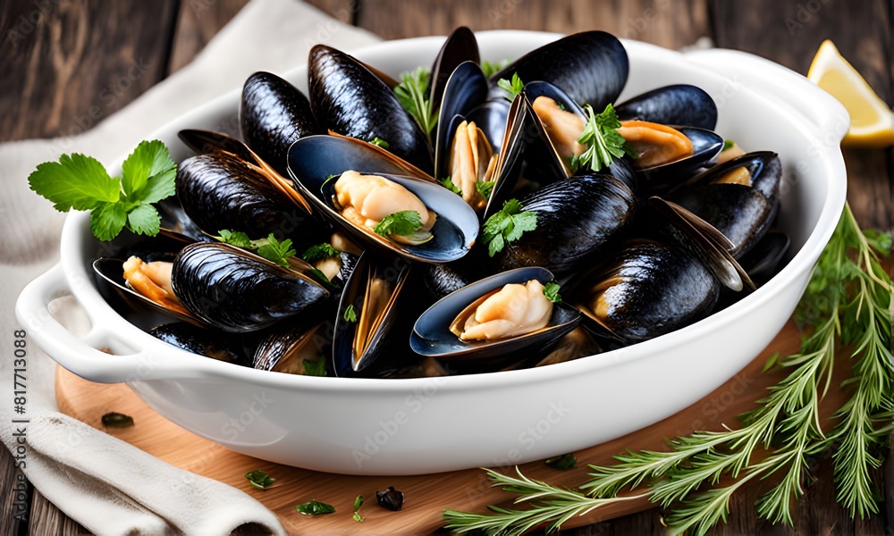 Freshly cooked Korean mussels in herbs and white wine, ai generative Freshly cooked Korean mussels in herbs and white wine, ai generative