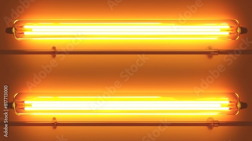 For party border design, neon tube lamp in yellow and white. Modern fluorescent led light bar isolated on transparent background. Night realistic electric stripe casino illumination graphic pack. photo