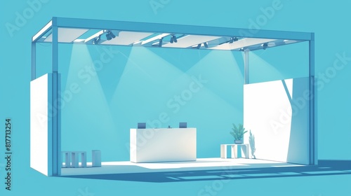 An illustration of a realistic 3D booth mockup isolated on a transparent background. The demonstration area at the exhibition has a white ceiling and blank walls with LED lighting.