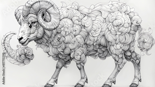 running ram, black and white illustration suitable as a coloring book for children