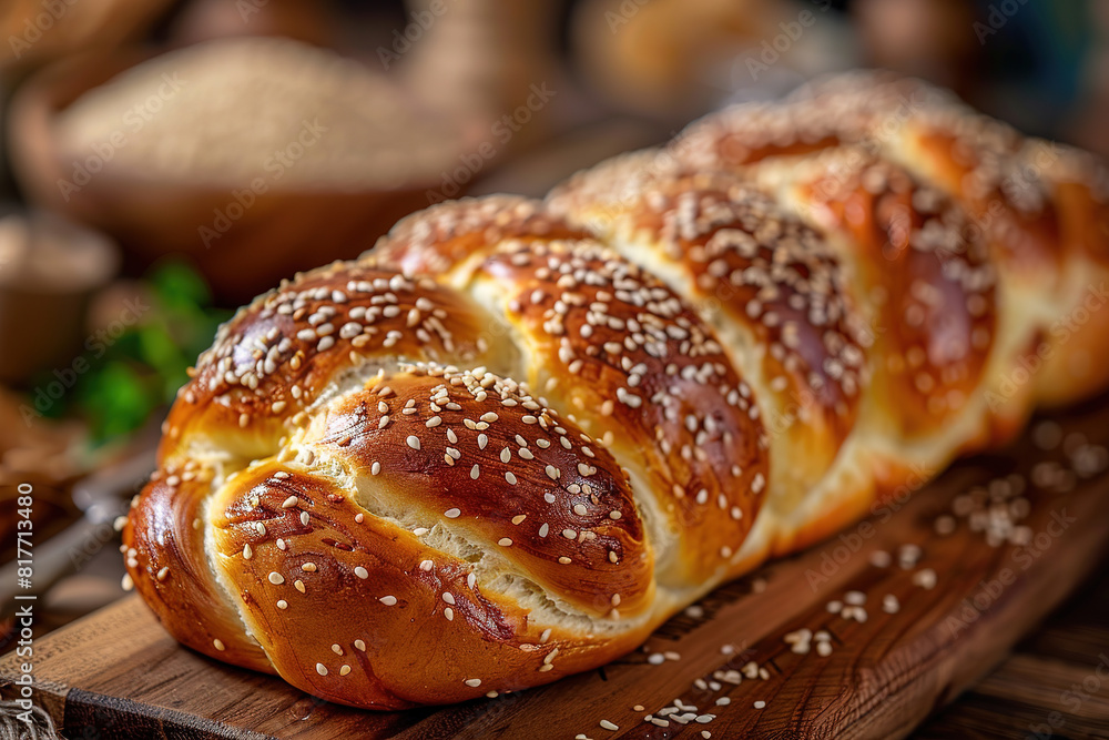 Sabbath Peace in a Loaf: Challah Bread with Sesame Seeds. Concept Food Photography, Baking Art