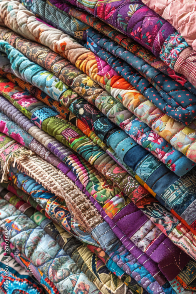 A stack of colorful quilts, with different fabric patterns and textures.