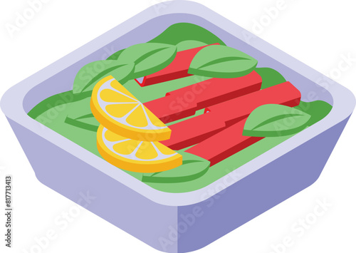 Isometric illustration of a healthy crab salad with lemon slices and fresh spinach in a bowl