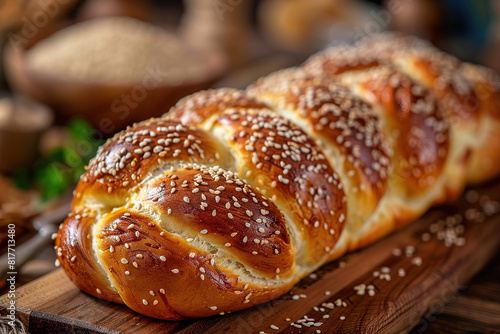Sabbath Peace in a Loaf: Challah Bread with Sesame Seeds. Concept Food Photography, Baking Art