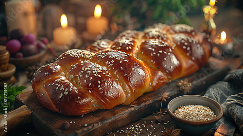 Sabbath Peace in a Loaf: Challah Bread with Sesame Seeds. Concept Food Photography, Baking Art photo