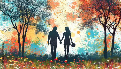 Silhouettes of a couple holding hands, walking through a park with trees and flowers in the background photo