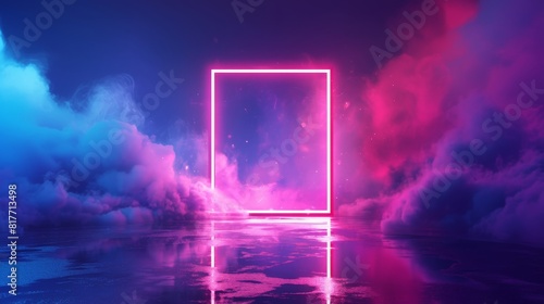 Light doors with blue and red smoke on transparent background. Modern illustration of rectangular frame portals surrounded by mist clouds, glowing teleport gates in the dark. © Mark