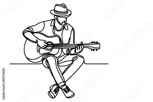 one continuous line drawing of man playing the guitar outline doodle on white background