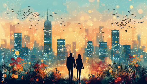 Graphic silhouettes of a couple strolling through a cityscape at dusk