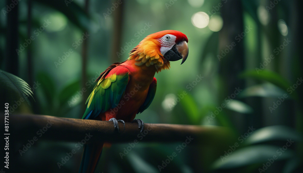 Obraz premium A colorful parrot perched in the heart of the rainforest, echoing the calls of the wild. 