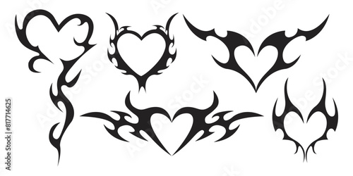 Neo tribal heart y2k aesthetic tattoo gothic cover, fire or wings abstract silhouette isolated on background. Divider, border, cyber body ornament, neotribal web goth decoration