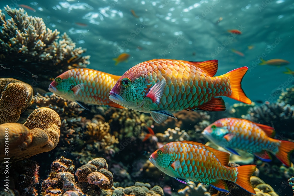 Parrotfish grazing on coral reefs, symbolizing reef health and biodiversity. Parrotfish grazing on coral reefs, symbolizing reef health and biodiversity.