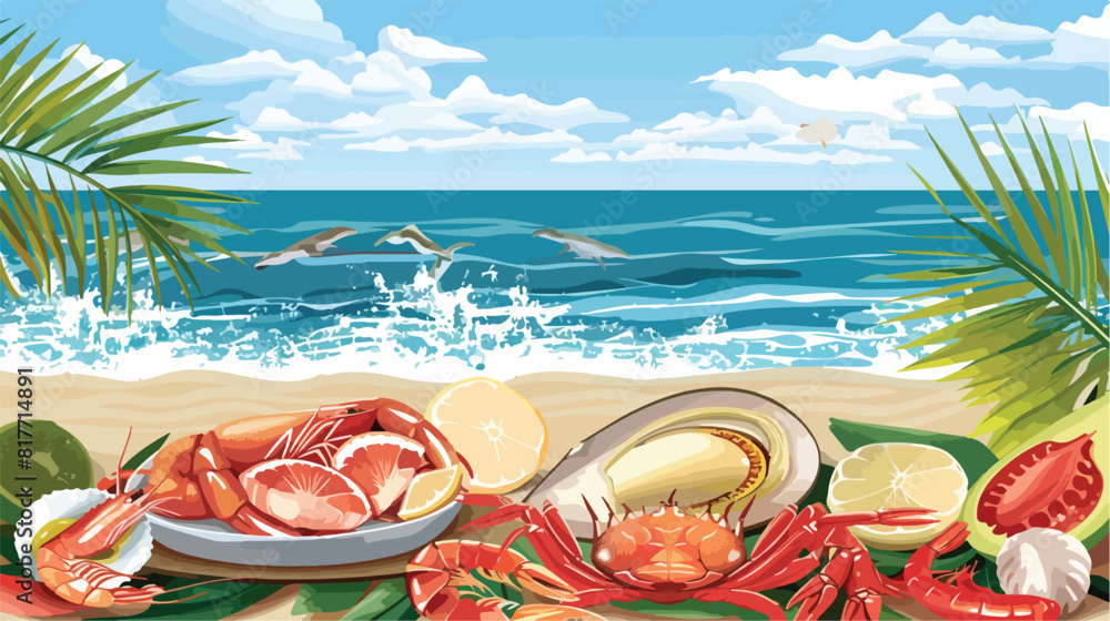 sea food design over beach background vector illustration