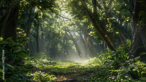 An enchanting forest glade with sunlight filtering through the lush canopy. photo