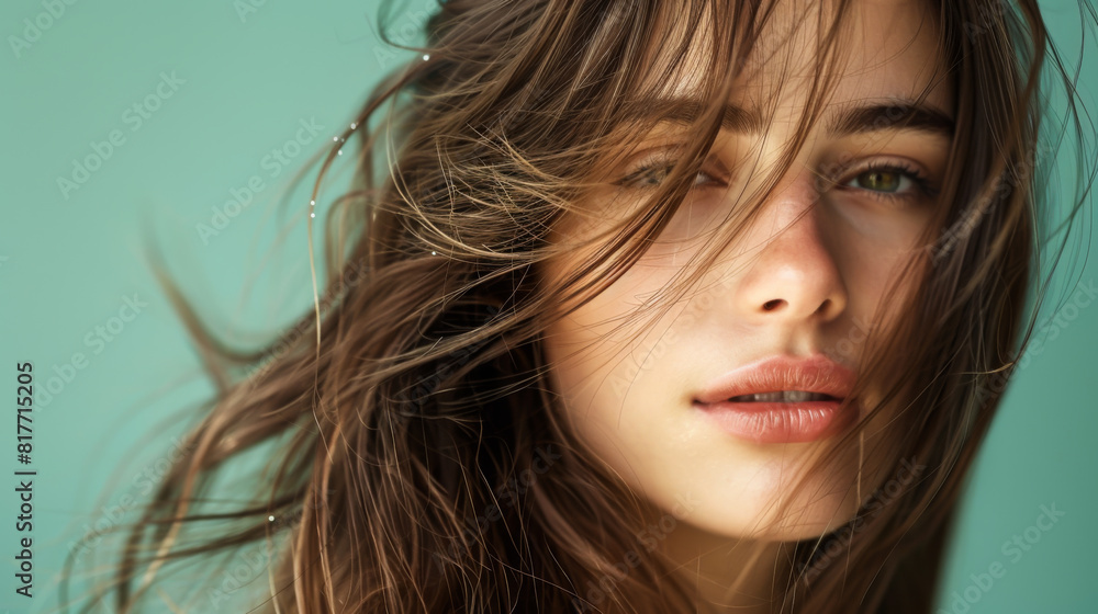 Beautiful long-haired woman having fun on a green background. Young woman posing indoors.