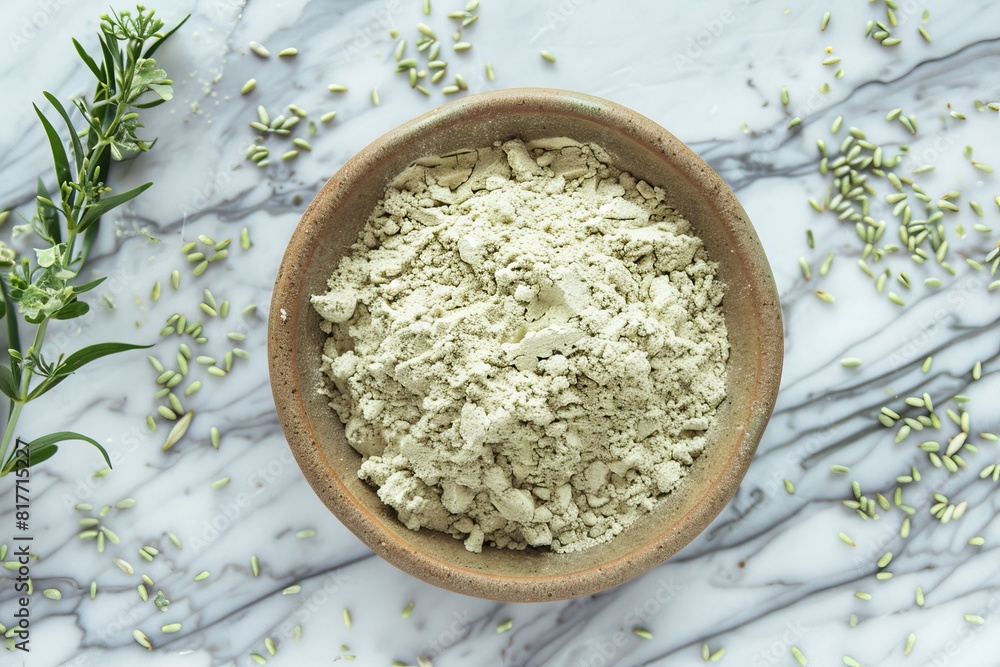 Flat lay with hemp protein powder in bowl on marble surface Room for text Flat lay with hemp protein powder in bowl on marble surface Room for text