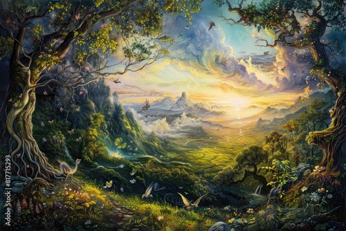 An enchanting fantasy painting filled with magical creatures and enchanting landscapes  sparking imagination in viewers.