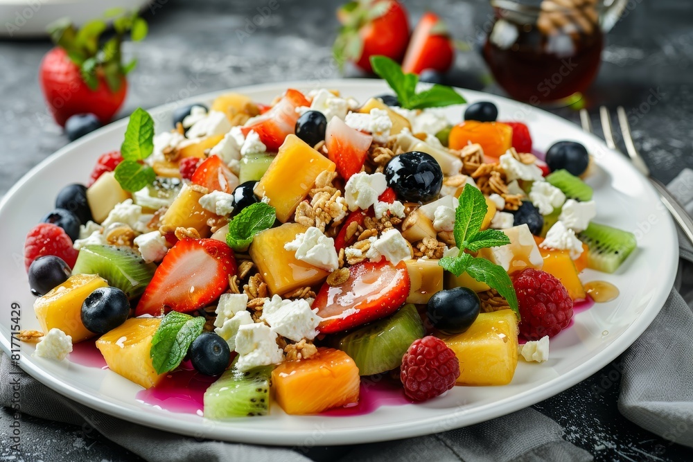 Fresh fruit salad with granola feta cheese and honey on a white plate for a nutritious morning meal