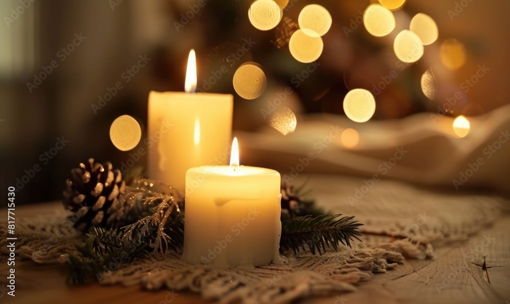 Two candles on table in front of christmas tree Two candles on table in front of christmas tree