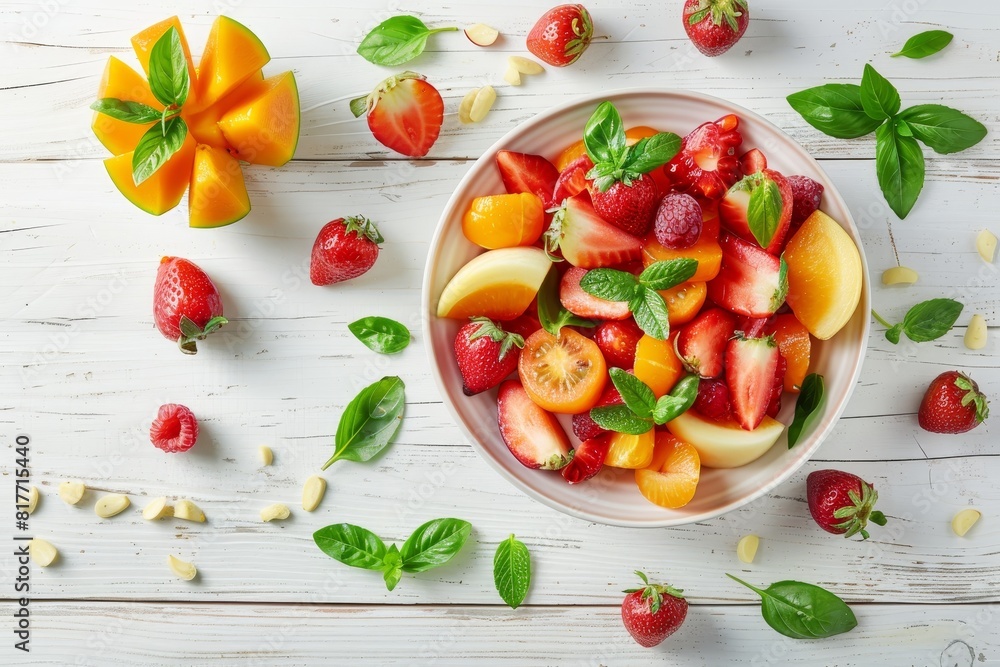 Fresh fruit salad on white wooden table viewed from above Fresh fruit salad on white wooden table viewed from above