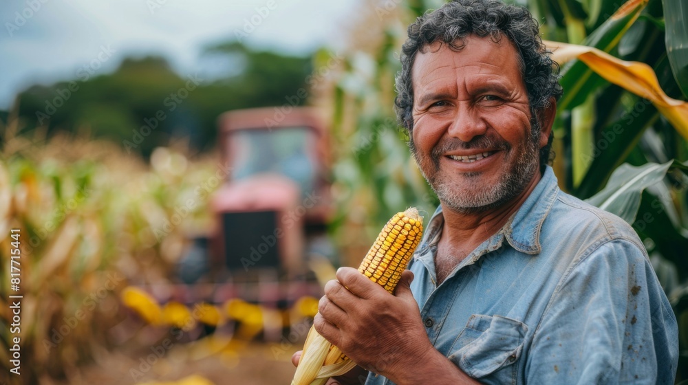 Fototapeta premium photography of a brazilian middle age man holding a corn cob on his hand on a corn field wearing a plain pastel olive green shirt with a harvester on the background