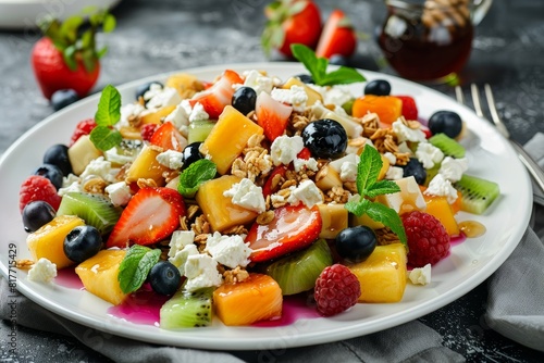 Fresh fruit salad with granola feta cheese and honey on a white plate for a nutritious morning meal