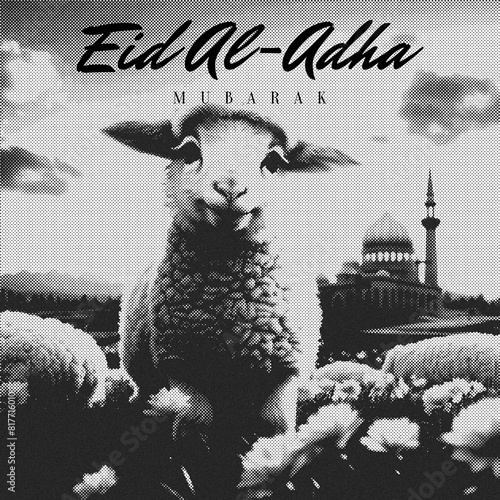 Art & IllustrationEid Al Adha Mubarak Illustration, with Cute Lamb and Mosque Behind in Halftone Effect Style, for Banner, Poster, Card, Cover or Wallpaper photo