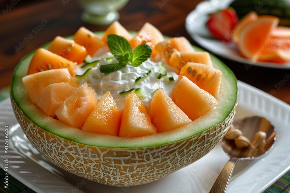 Fruit salad with yogurt in melon bowl Fruit salad with yogurt in melon bowl