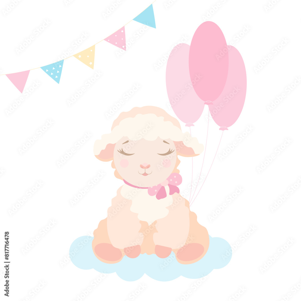 Baby sheep girl with balloons. Vector illustration for newborn, shower baby, birthday, holiday, party. Invitation, greeting, celebration card.