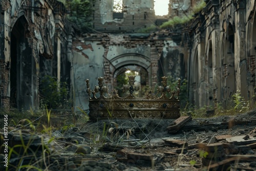 A crown is sitting on the ground in a desolate  abandoned area