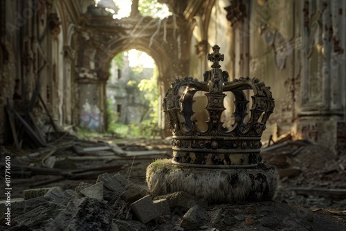 A crown is sitting on the ground in a desolate, abandoned building