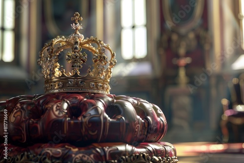 A golden crown sits on a blue chair in a room with a chandelier photo