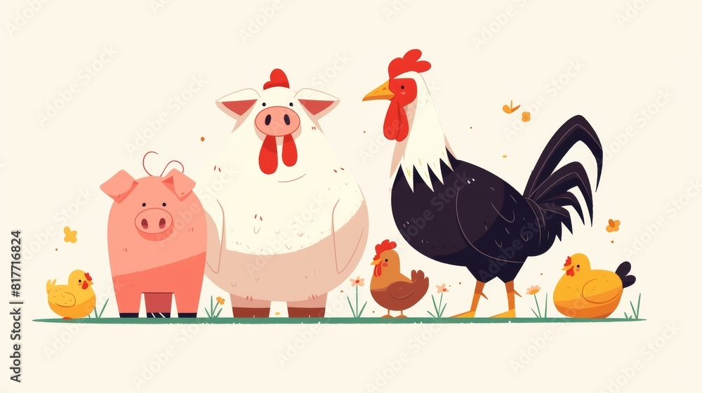 The cutest array of farm animals. Goose, chicken, and pig. Cartoon modern illustration set of funny domestic barnyard zoo characters. Mammal and bird icon. Farm animals and farm animals icon. Country The cutest array of farm animals. Goose, chicken, and pig. Cartoon modern illustration set of funny domestic barnyard zoo characters. Mammal and bird icon. Farm animals and farm animals icon. Country