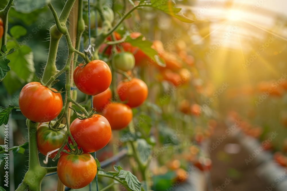 Tomatoes ripening on branch in greenhouse with shallow focus