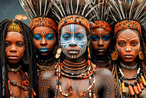A group of women with painted faces and colorful clothing photo