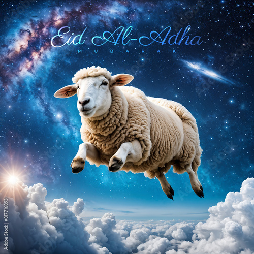 Eid Al Adha Mubarak Greeting Illustration with Sheep Flying in the Sky and Beautiful Galaxy Background, for Banner, Poster, Card, Cover or Wallpaper