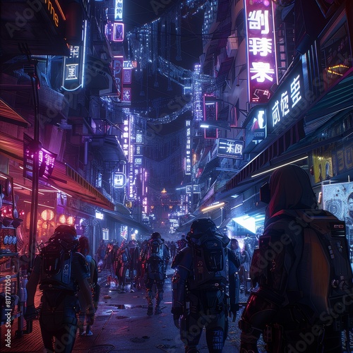 Futuristic Cyberpunk Street Scene at Night photo