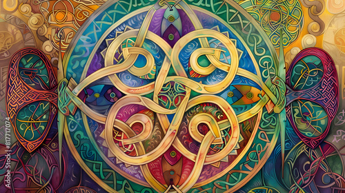 Draw a captivating image of the Book of Kells, an illuminated manuscript containing the four Gospels, with intricate Celtic knotwork and vibrant colors, using pencil technique to capture the intricate