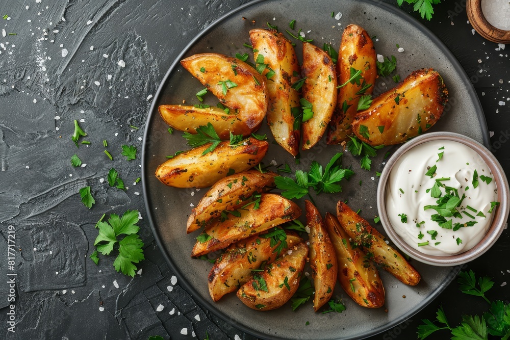 Top view of oven baked potato wedges with herbs and sea salt on plate served with sour cream sauce Homemade snack Top view of oven baked potato wedges with herbs and sea salt on plate served with sour cream sauce Homemade snack