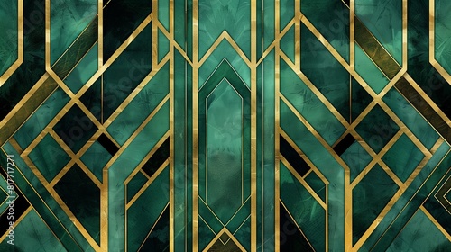 Abstract background with geometric patterns in vintage emerald green, gold, and black, evoking the opulence and glamour 